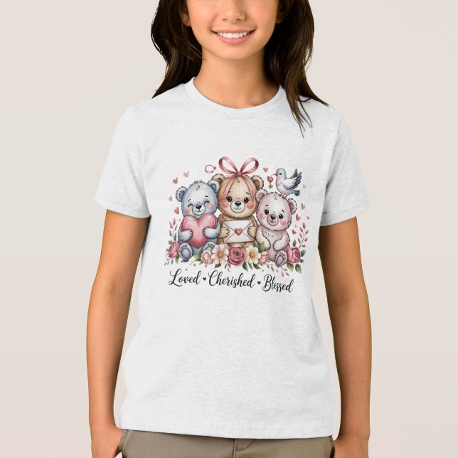 Loved Cherished Blessed Three Teddy Bears Floral Tri-Blend Shirt (Vorderseite)