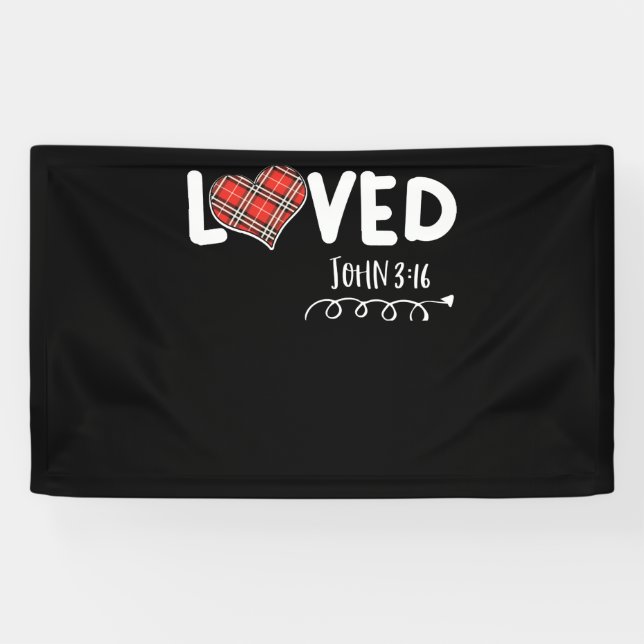 Loved John 3:16 Red Kariert Heart Christlich Banner (Horizontal)