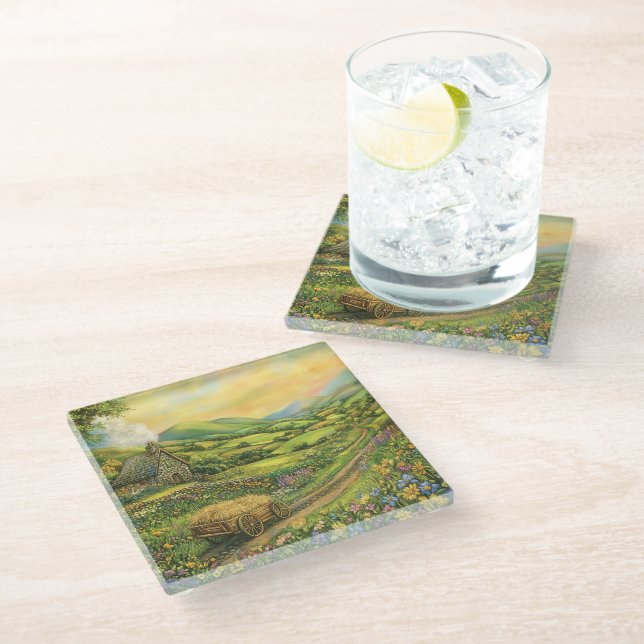 LOVELL FRIEDLICHE IRISCHE LANDSCHAFT GLASUNTERSETZER (Schrägansicht)