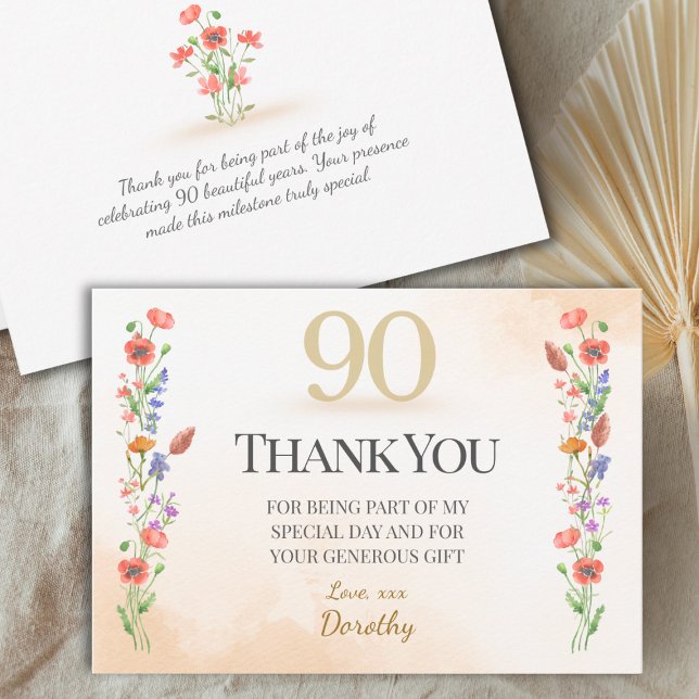 Lovely 90th Birthday – Wildflower Design Dankeskarte (Von Creator hochgeladen)