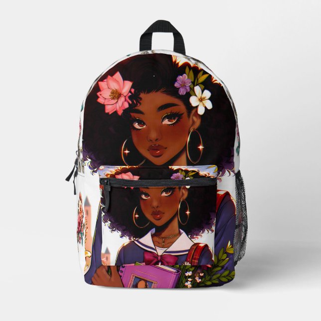 Lovely African-American Anime` School Girl Bedruckter Rucksack (Vorderseite)