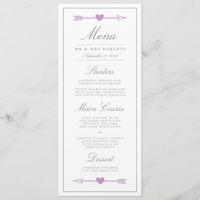 Lovely Arrows Wedning Dinner Menu / Lilac and Grey Menükarte (Vorderseite)