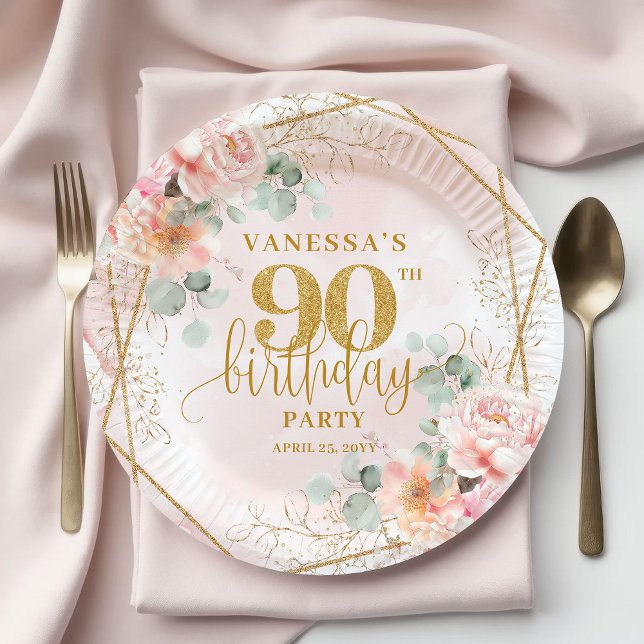 Lovely Blush Pink Gold Watercolor 90th Birthday  Pappteller (Lovely Blush Pink Gold Watercolor 90th Birthday Plates)
