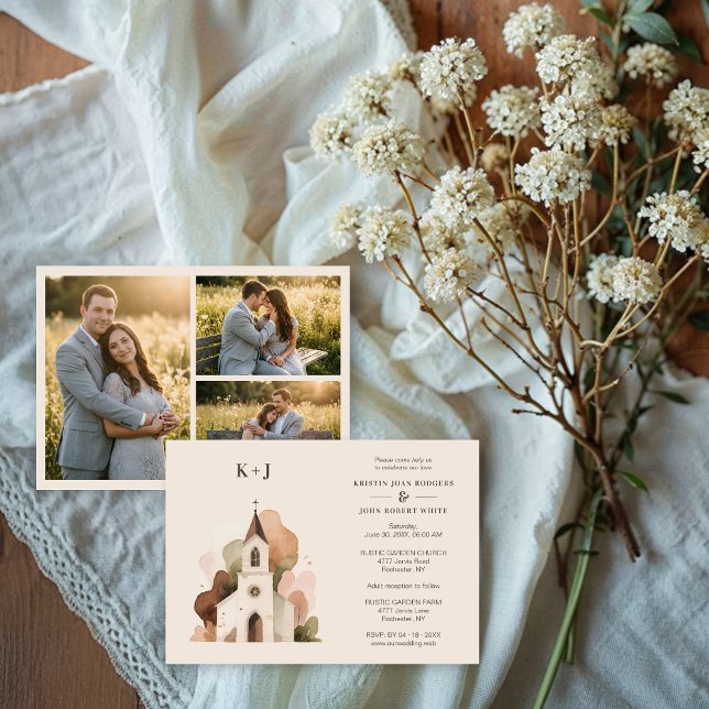 Lovely Church Watercolor 3-Photo Collage Wedding  Einladung (Lovely Church Digital Watercolor 3-Photo Collage Wedding Save the Date Cards.)