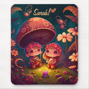 Lovely cute elves play under mushrooms mousepad