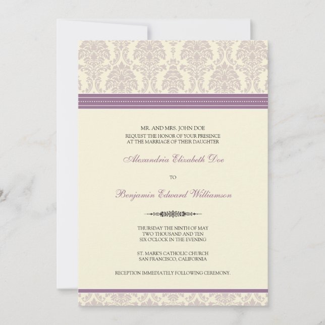Lovely Damask Wedding Invitation (lila/creme) Einladung (Vorderseite)
