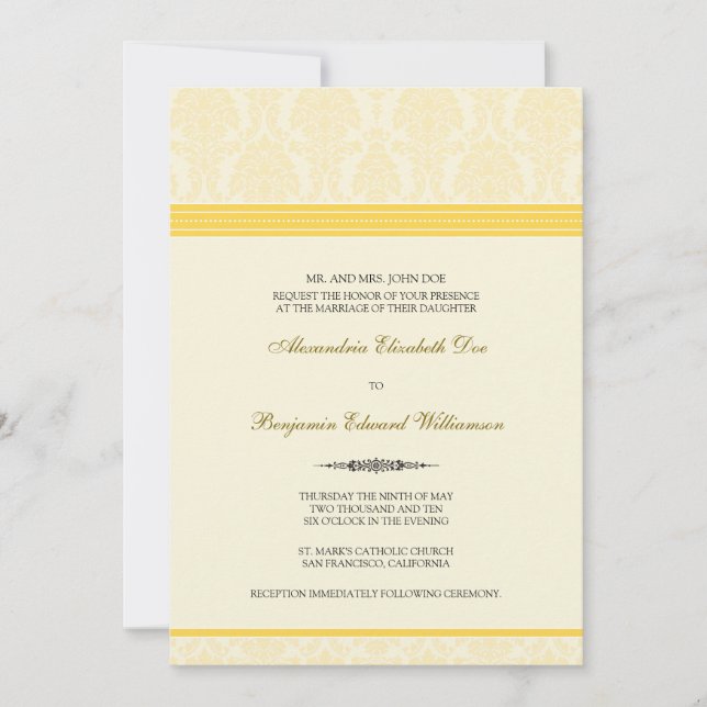 Lovely Damask Wedding Invitation (Zitrone/Creme) Einladung (Vorderseite)