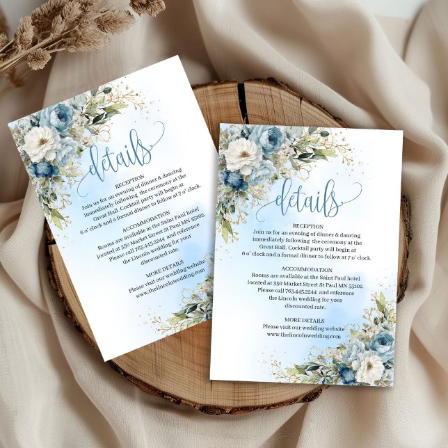 Lovely Dusty Blue Floral Gold Wedding Info Card RSVP Karte (Lovely Dusty Blue Floral Gold Wedding Info Card

)