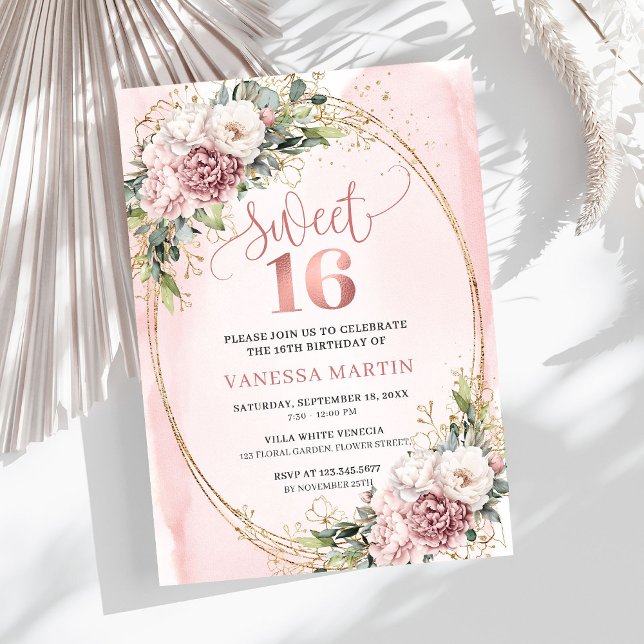 Lovely Dusty Pink Floral Greenery Sweet Sixteen  Einladung (Lovely Dusty Pink Floral Greenery Sweet Sixteen Invitation

)