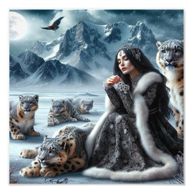 Lovely girl and snow leopards fotodruck (Vorne)