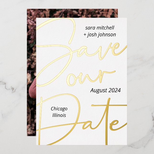 Lovely Gold Foil Script Minimal Save the Date Folieneinladung (Vorderseite/Rückseite)