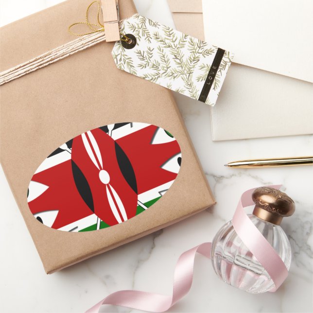 Lovely Hearts Kenya: Flag Art Motif Ovaler Aufkleber (Schenken)