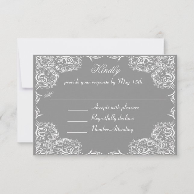 Lovely Lace Frame Gray Wedding RSVP Karte (Vorderseite)