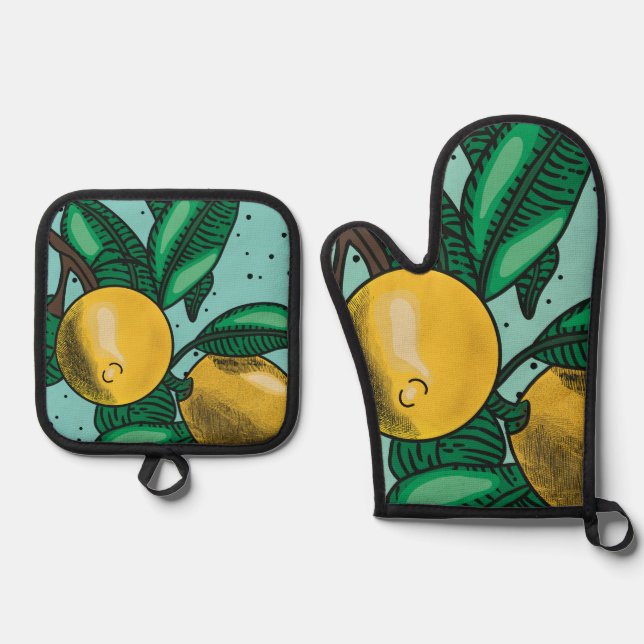 Lovely Lemons Oven Mitt and Pot Holders Ofenhandschuh & Topflappen-Set (Vorderseite)