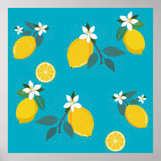 lovely lemons yellow lemons, on blue background  poster