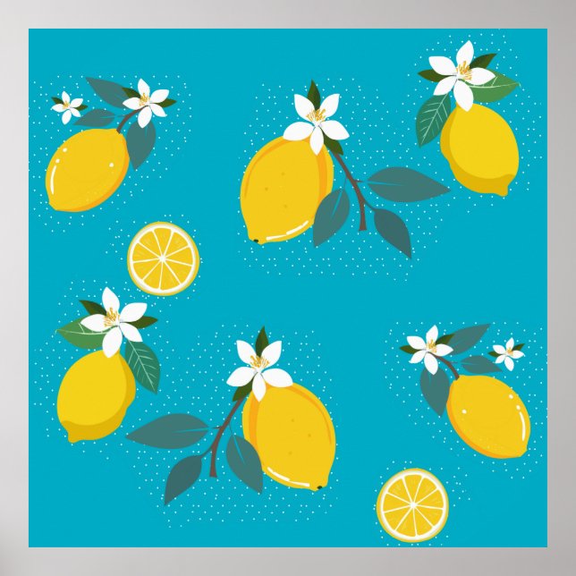 lovely lemons yellow lemons, on blue background  poster (Vorne)