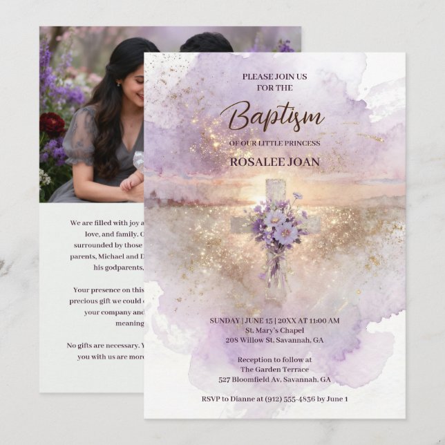 Lovely Lilac Christian Wildflowers Cross-Shape Einladung (Vorne/Hinten)