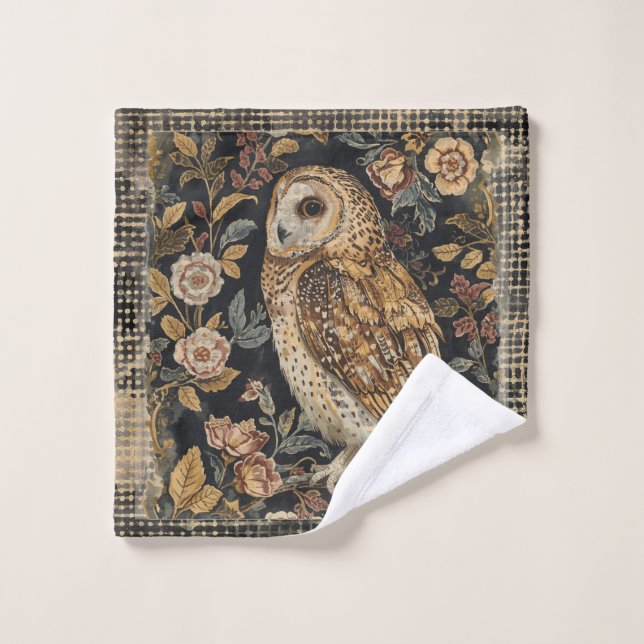 Lovely Owl in the Flowers Garden ,Gold Checkered , Badhandtuch Set (Waschlappen)