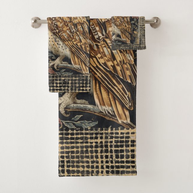 Lovely Owl in the Flowers Garden ,Gold Checkered , Badhandtuch Set (Insitu)