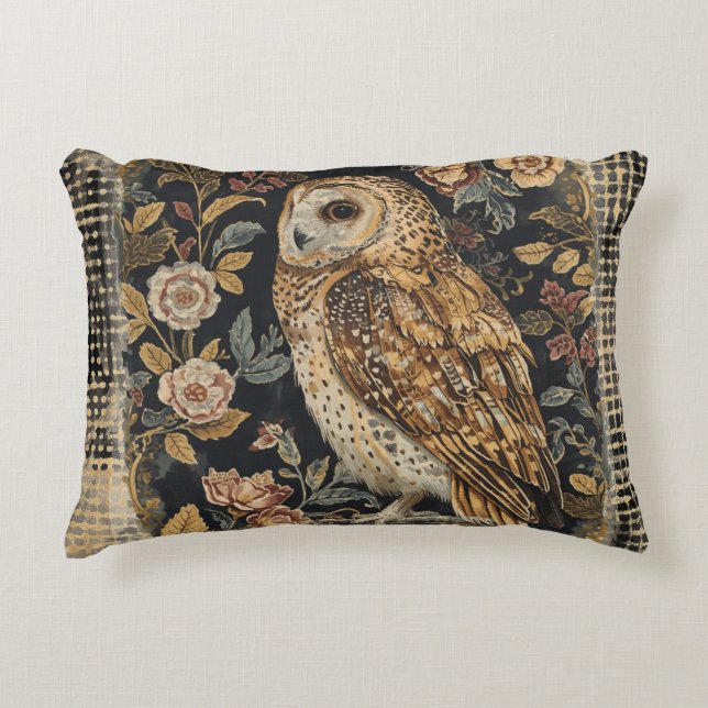 Lovely Owl in the Flowers Garden ,Gold Checkered , Dekokissen (Vorderseite)