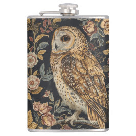 Lovely Owl in the Flowers Garden ,Gold Checkered  Flachmann