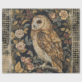 Lovely Owl in the Flowers Garden ,Gold Checkered  Geschenkpapier