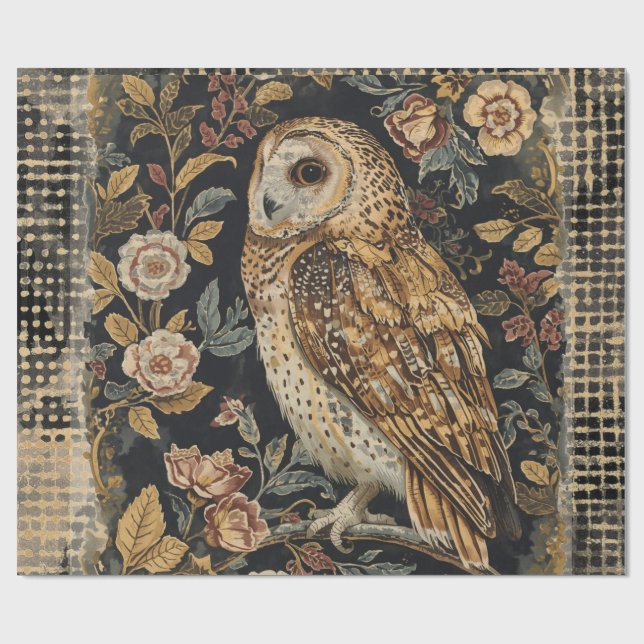 Lovely Owl in the Flowers Garden ,Gold Checkered  Geschenkpapier (Flach)