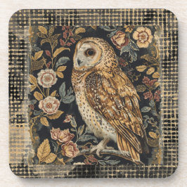 Lovely Owl in the Flowers Garden ,Gold Checkered Getränkeuntersetzer