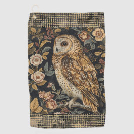 Lovely Owl in the Flowers Garden ,Gold Checkered , Golfhandtuch
