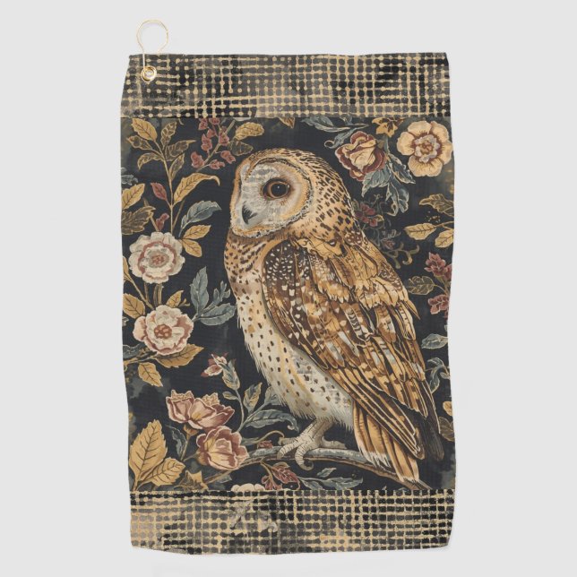 Lovely Owl in the Flowers Garden ,Gold Checkered , Golfhandtuch (Vorderseite)