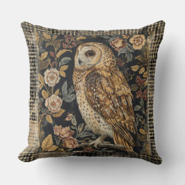 Lovely Owl in the Flowers Garden ,Gold Checkered , Kissen