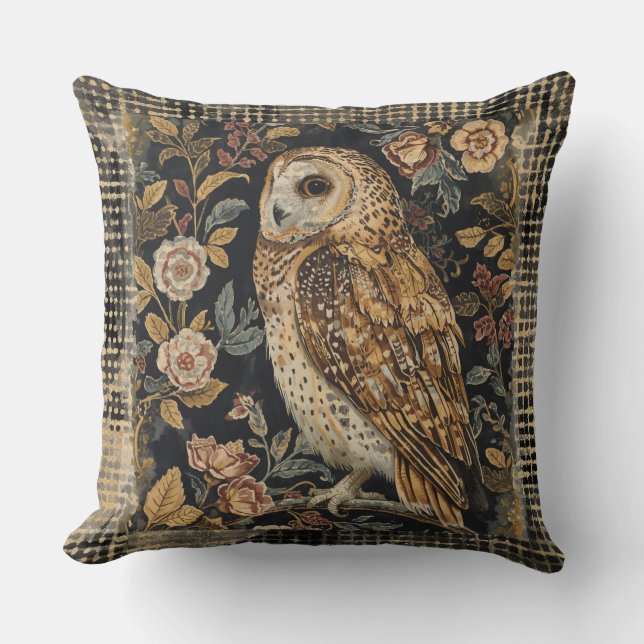 Lovely Owl in the Flowers Garden ,Gold Checkered , Kissen (Vorderseite)