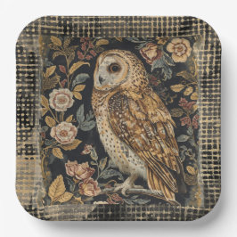 Lovely Owl in the Flowers Garden ,Gold Checkered Pappteller