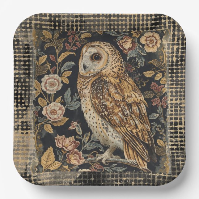 Lovely Owl in the Flowers Garden ,Gold Checkered Pappteller (Vorderseite)