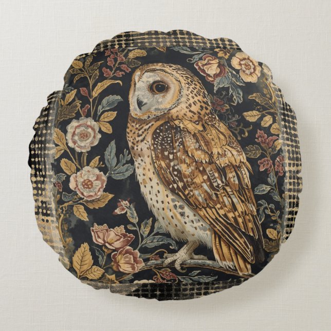 Lovely Owl in the Flowers Garden ,Gold Checkered , Rundes Kissen (Vorderseite)