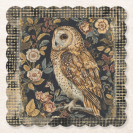 Lovely Owl in the Flowers Garden ,Gold Checkered Untersetzer