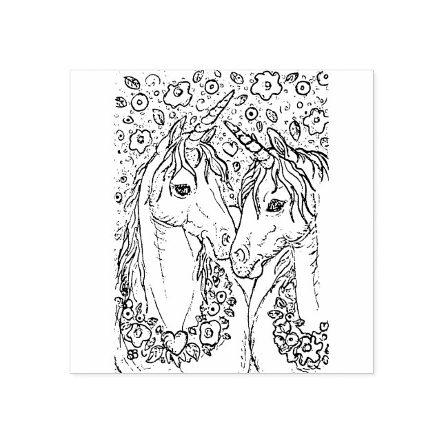 LOVELY PAIR OF UNICORNS, FANTASY PORSES & BLUME GUMMISTEMPEL (Prägung)