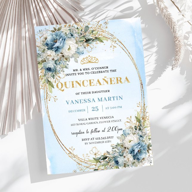 Lovely Pastel Blue Gold Eucalyptus Quinceañera  Einladung (Lovely Pastel Blue Gold Eucalyptus Quinceañera Invite

)