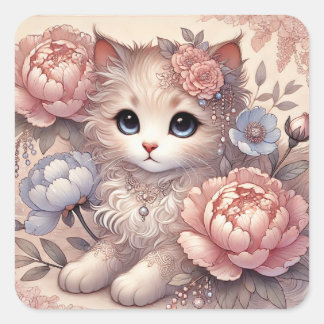 Lovely Peony Princess Cat Quadratischer Aufkleber