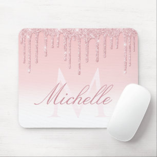 lovely pink monogram glitter drip mousepad