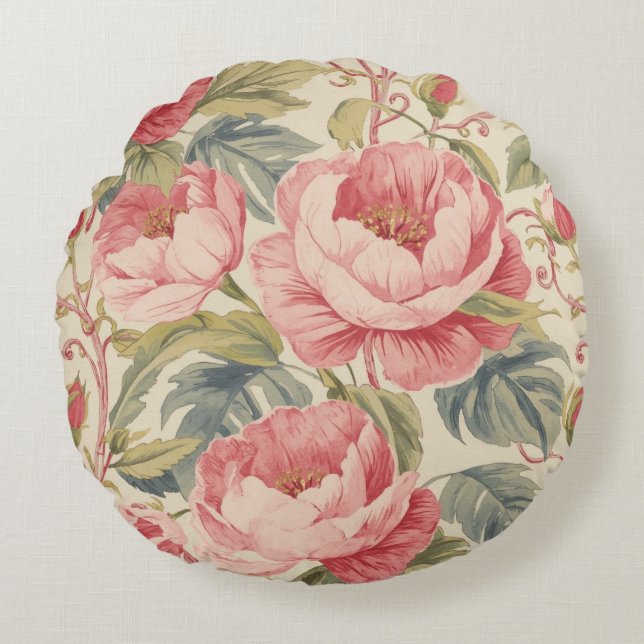 Lovely Pink Peoni Flowers Pattern, Elegant Rundes Kissen (Vorderseite)