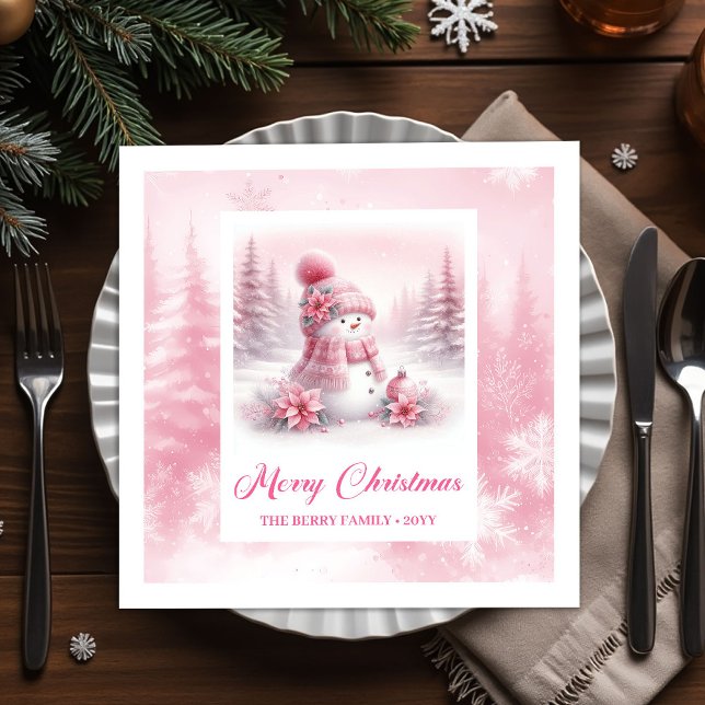 Lovely Pink Snowman Winter Forest Christmas Napkin Serviette (Lovely Pink Snowman Winter Forest Christmas Napkins)