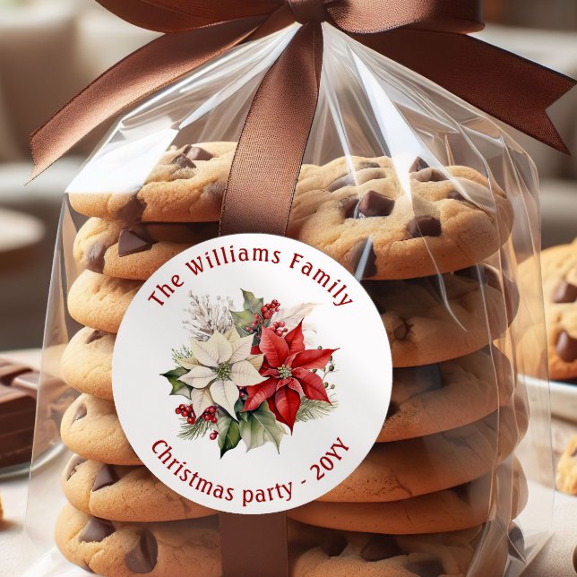 Lovely Poinsettia Floral Family Christmas Party  Runder Aufkleber (Von Creator hochgeladen)