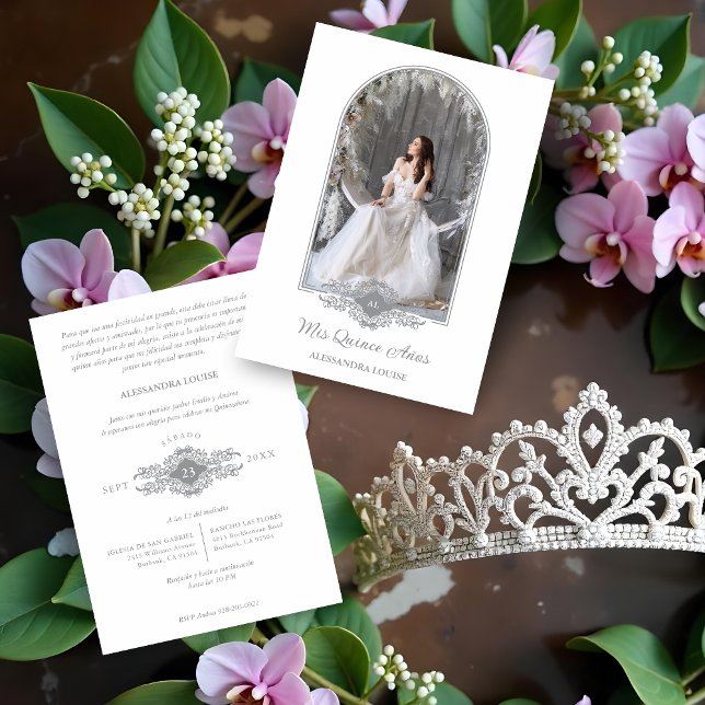 Lovely Quinceañera Spanish Stilysh Grey Chic Arch  Einladung (Lovely Quinceañera Spanish Stilysh Grey Effect Arch Effect Photo Invitations Cards)