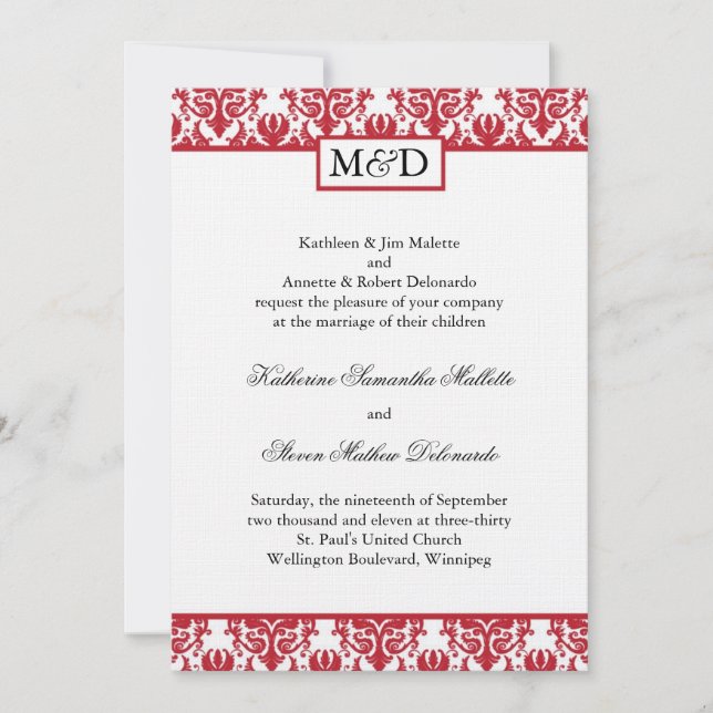 Lovely Red Damask Wedding Einladung (Vorderseite)