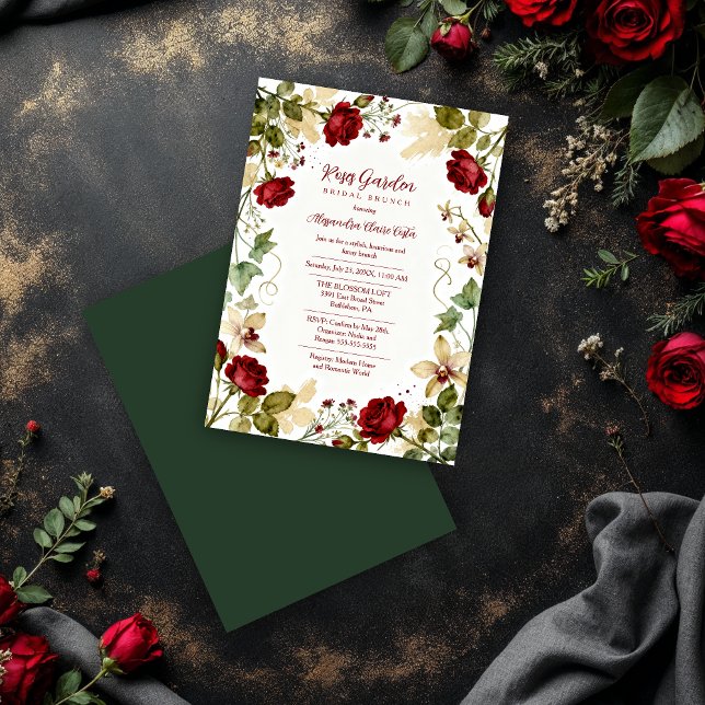 Lovely Red Roses Garden-Inspired Bridal Brunch Einladung (Lovely Red Roses Garden-Inspired Bridal Shower Brunch Invitation Card Design with Dark Green Back.)