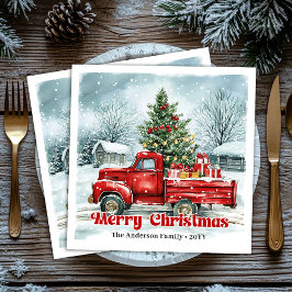 Lovely red truck Christmas scene rustic napkin set Serviette