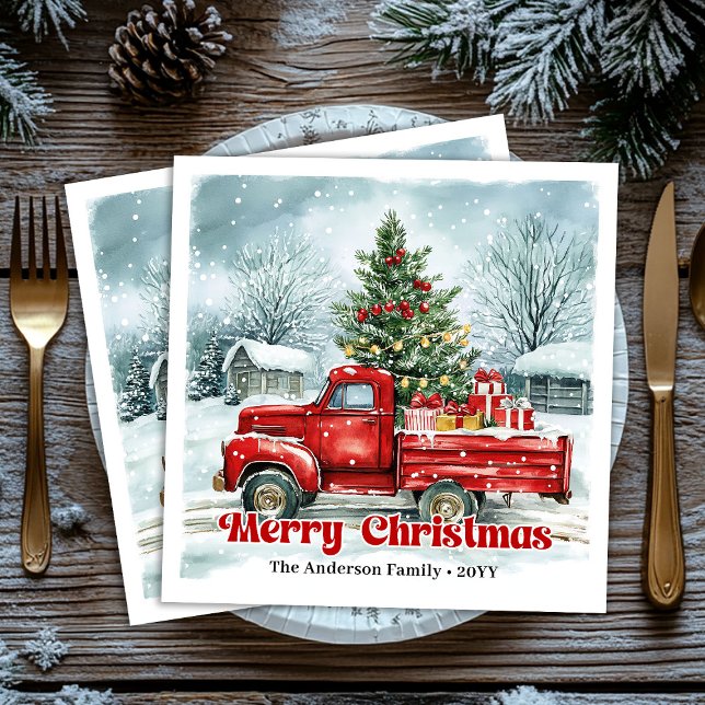 Lovely red truck Christmas scene rustic napkin set Serviette (Lovely red truck Christmas scene rustic napkin set)