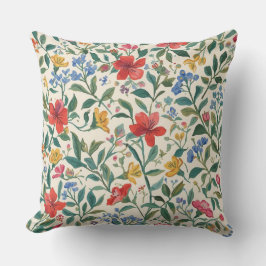 Lovely, Red Yellow Blue Flowers and Leaves Pattern Kissen