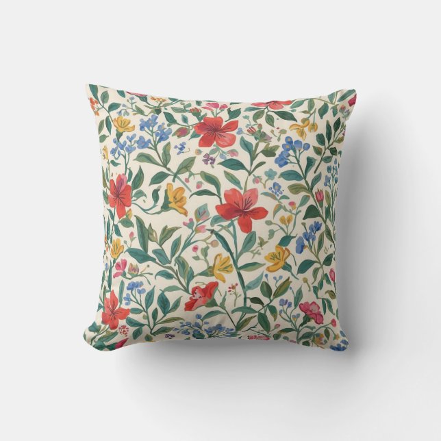 Lovely, Red Yellow Blue Flowers and Leaves Pattern Kissen (Vorderseite)